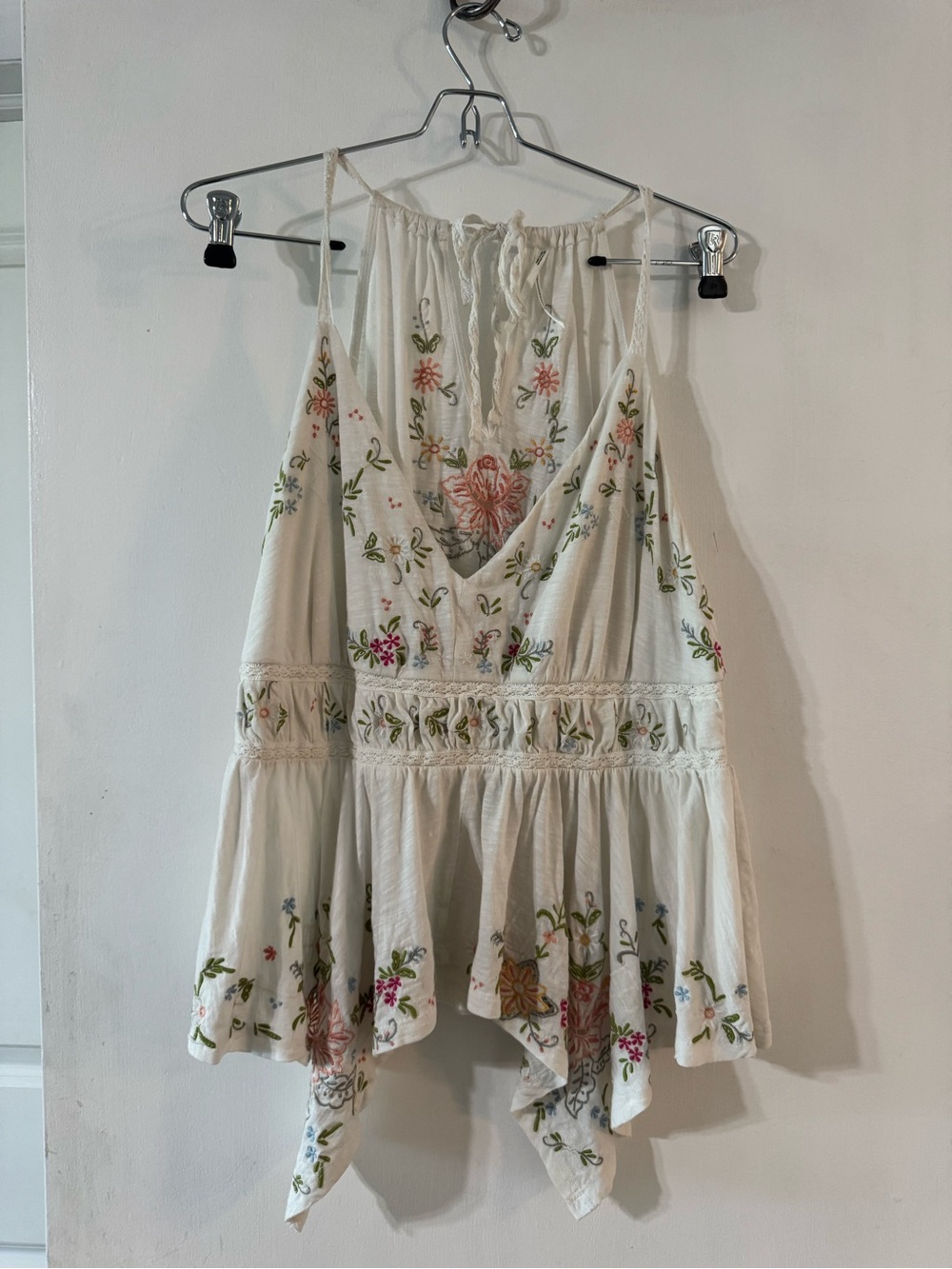 Anthropologie Cream Embroidered Handkerchief-Hem Tank Top